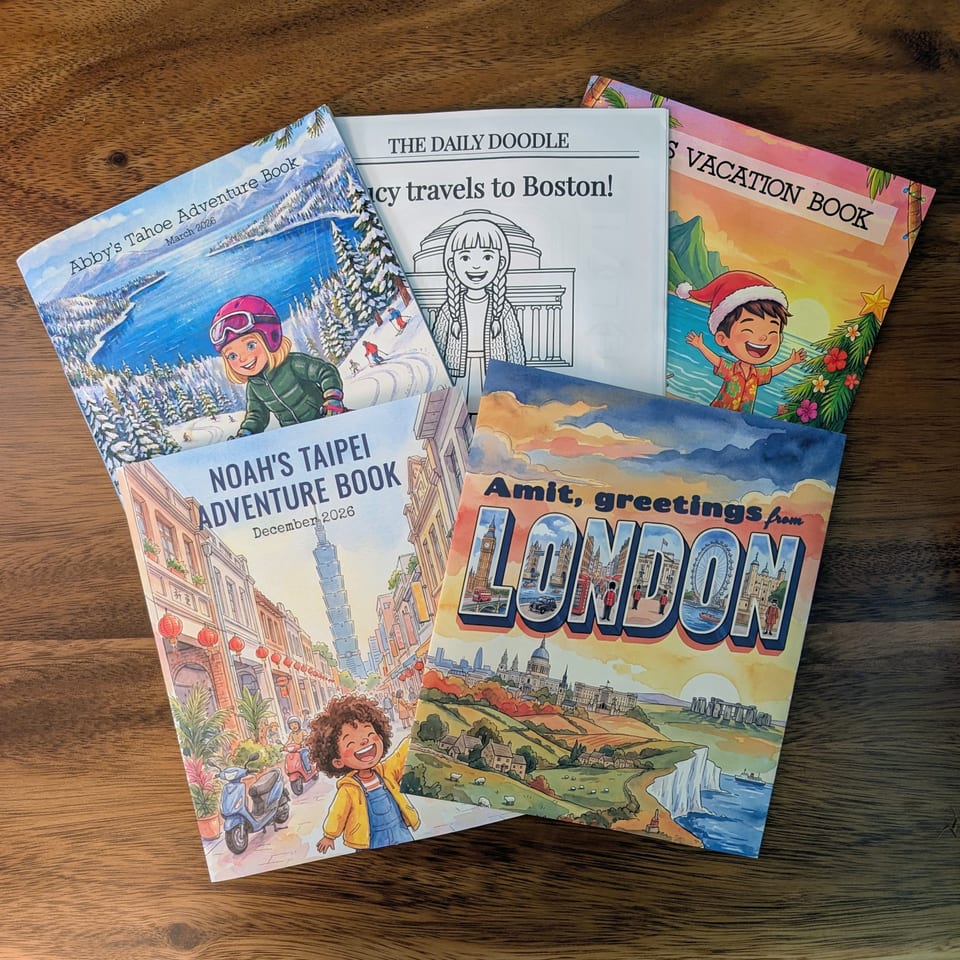 Personalized Rarebit activity books for Tahoe, Boston, Taipei, London and a beach vacation